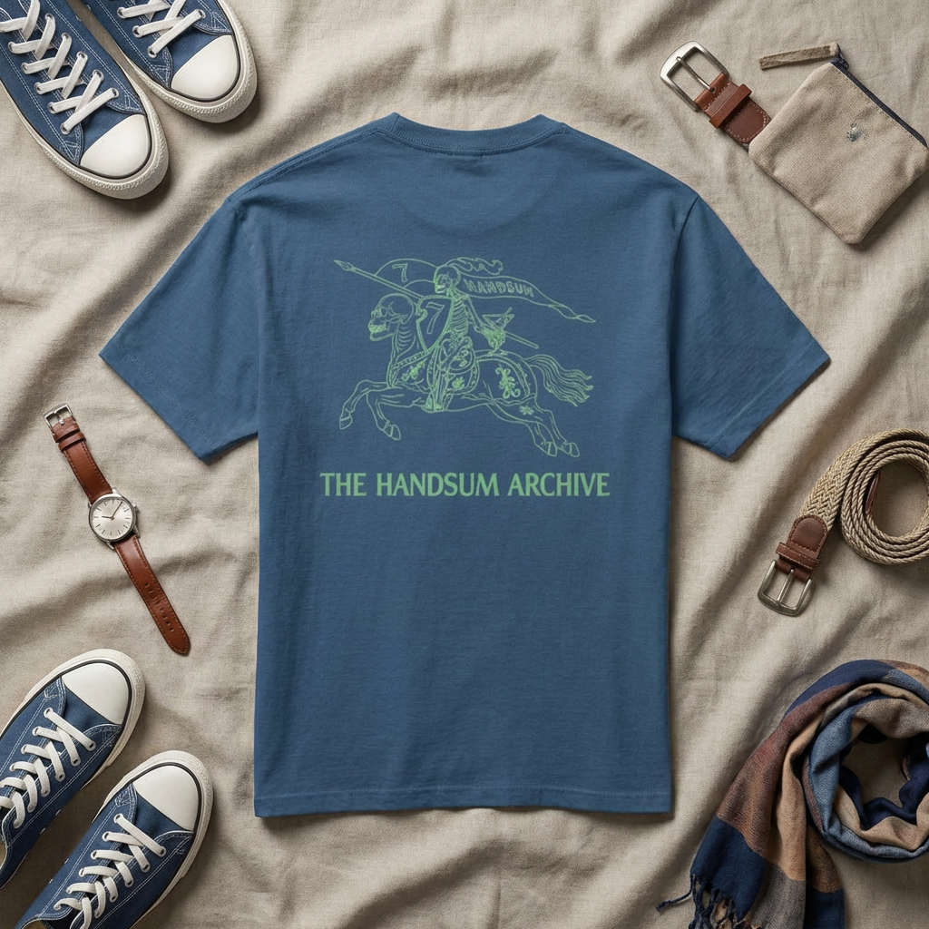 Blue graphic T-shirt with multicolor horse rider and 'THE HANDSUM ARCHIVE' on back
