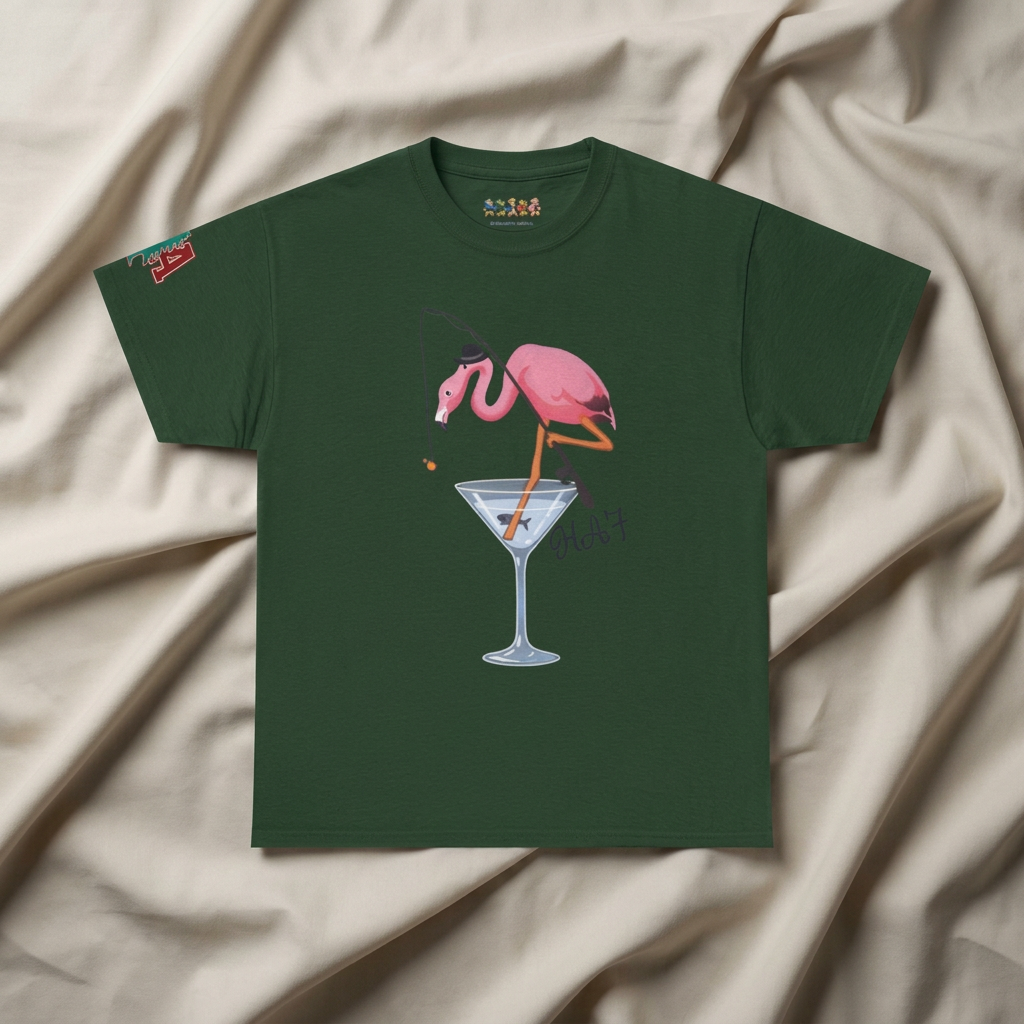 Green T-shirt featuring pink flamingo in front of martini glass illustration.