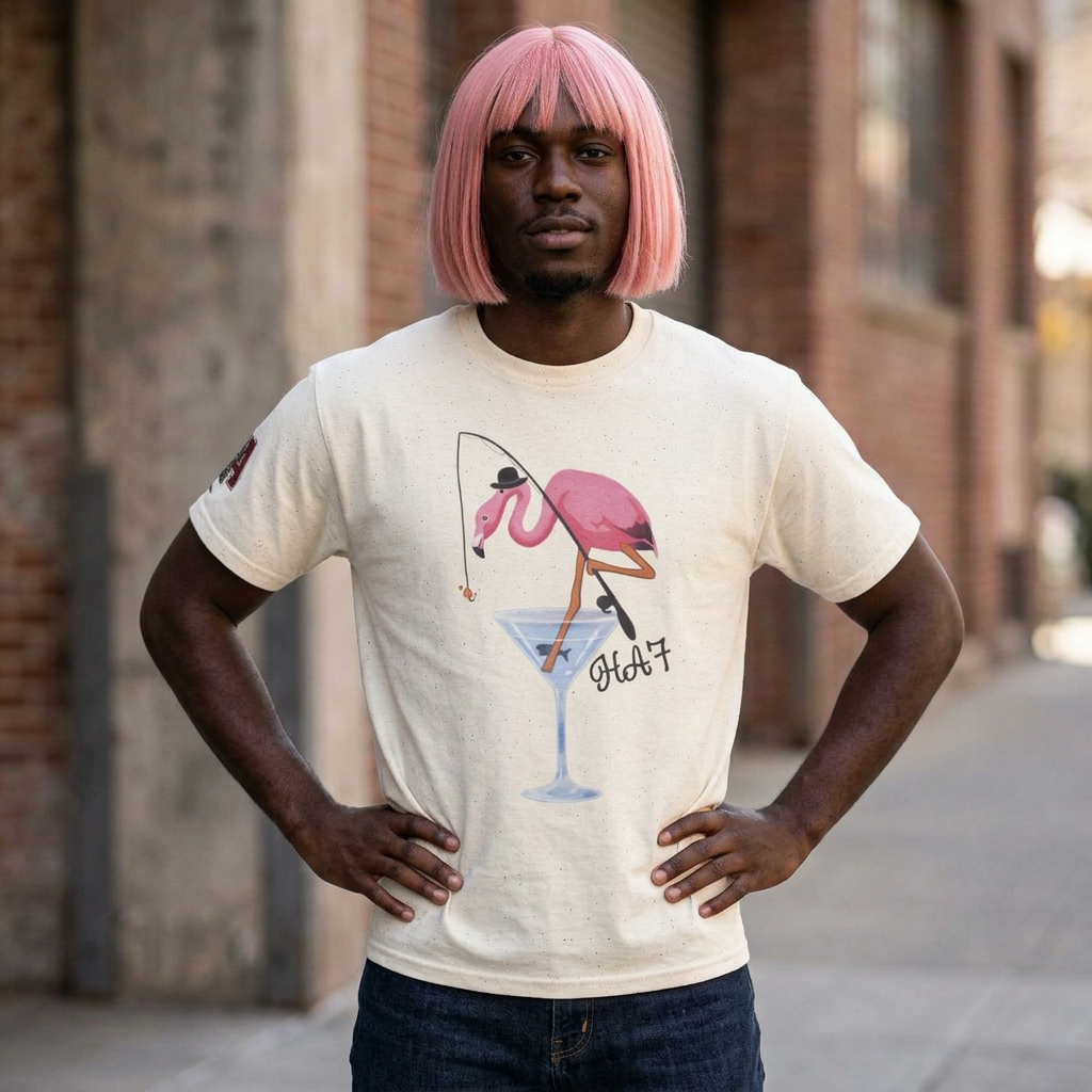 Cream T-shirt on model with pink flamingo and martini glass front graphic.