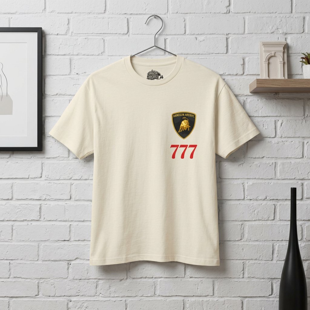 Cream crewneck T-shirt with shield logo and red 777 on front