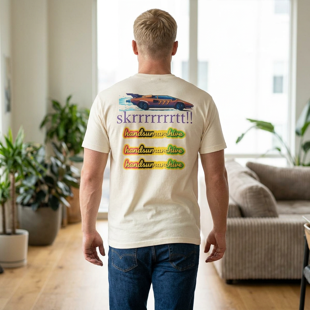 White crewneck T-shirt with stacked text and car graphic on back