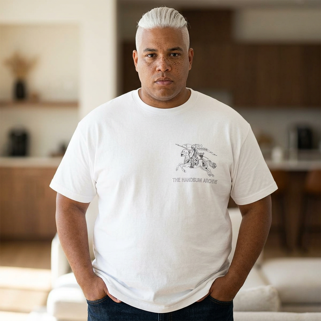 Handsum Island T-shirt, white crewneck with small chest line-art graphic and “THE HANDSUM ARCHIVE”.