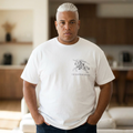 Handsum Island T-shirt, white crewneck with small chest line-art graphic and “THE HANDSUM ARCHIVE”.