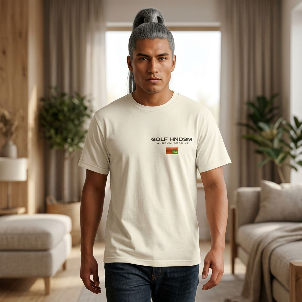 Daily tee, cream, front chest logo and small HA mark.