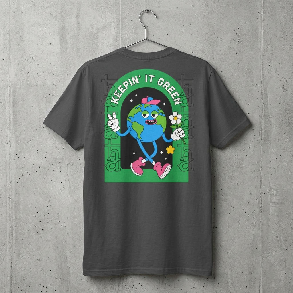 Daily tee, dark gray, back graphic of globe with “Keepin’ It Green” text.