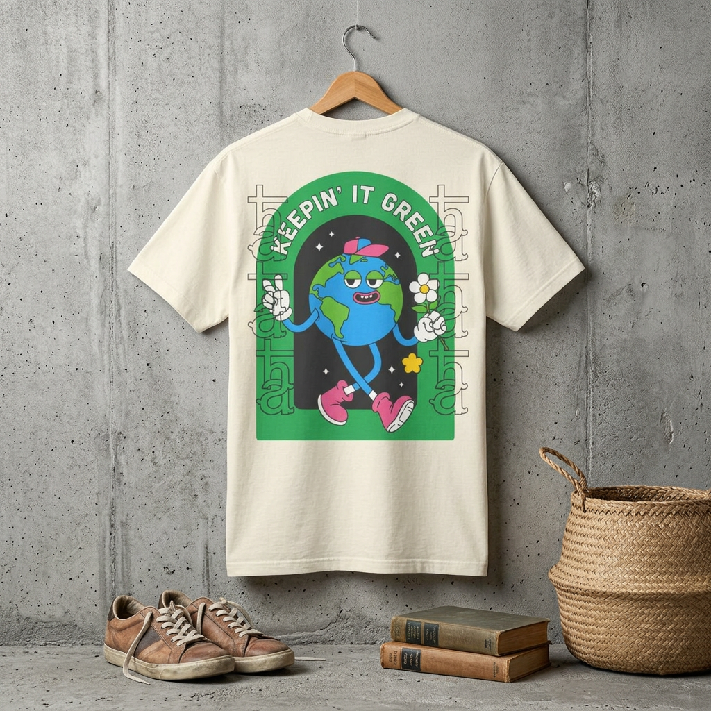 Daily tee, cream, back globe graphic with “Keepin’ It Green” lettering.