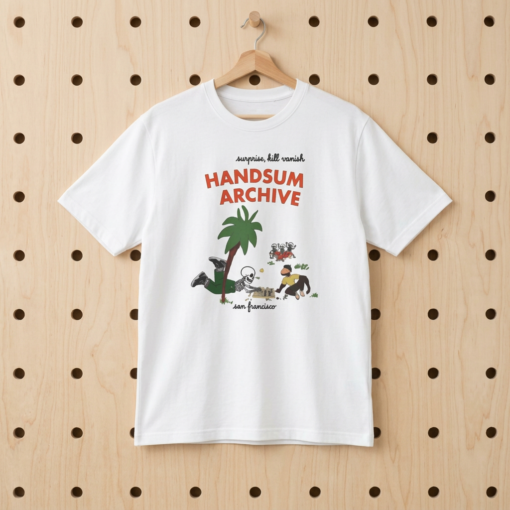 White moisture-wicking tee front with 'HANDSUN ARCHIVE' graphic on a hanger.
