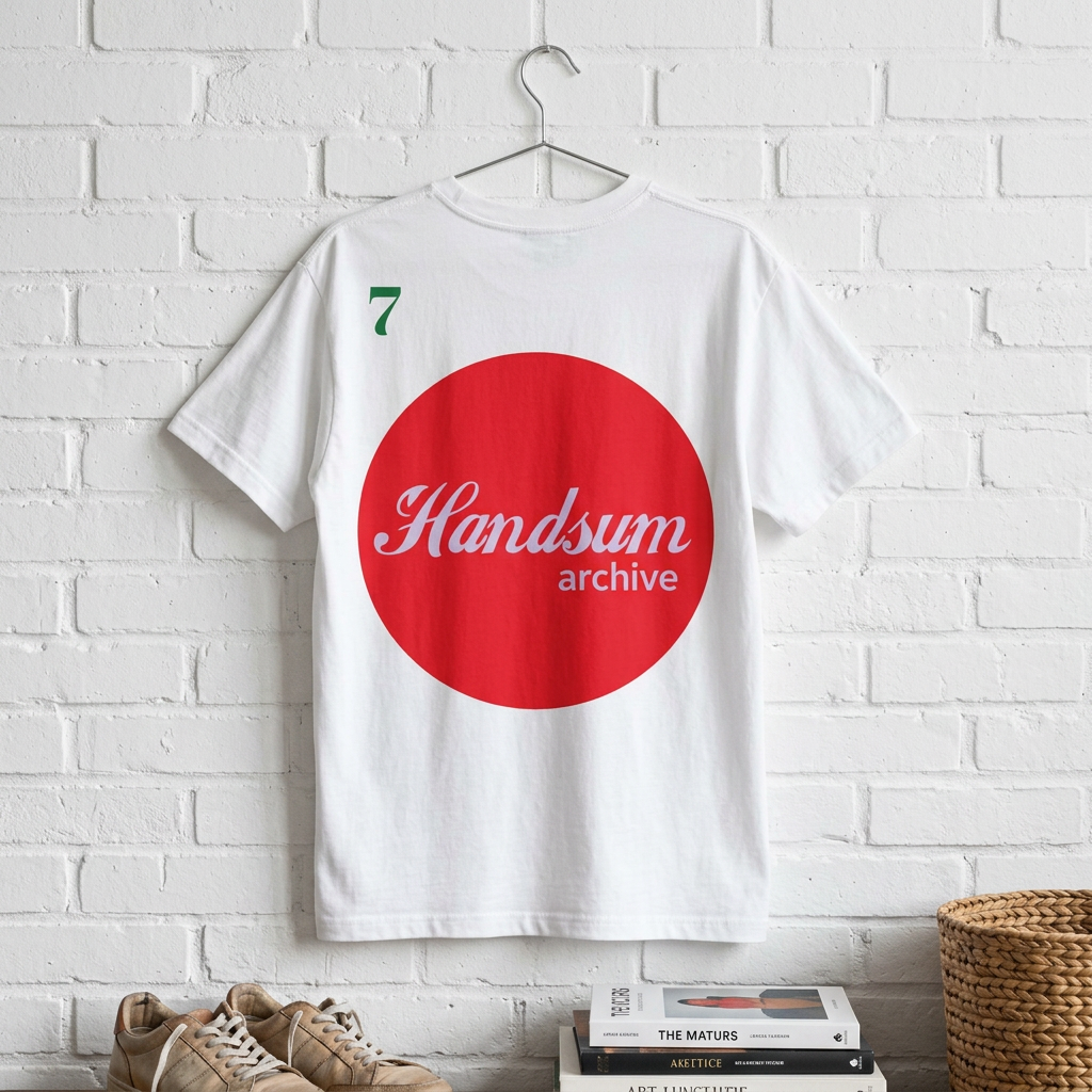 White tee with large red circle logo and Handsum archive text