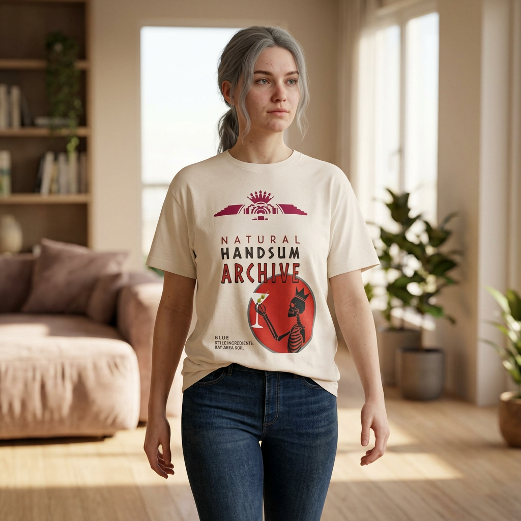 Beige crewneck tee with Natural Handsum Archive chest graphic and red icon
