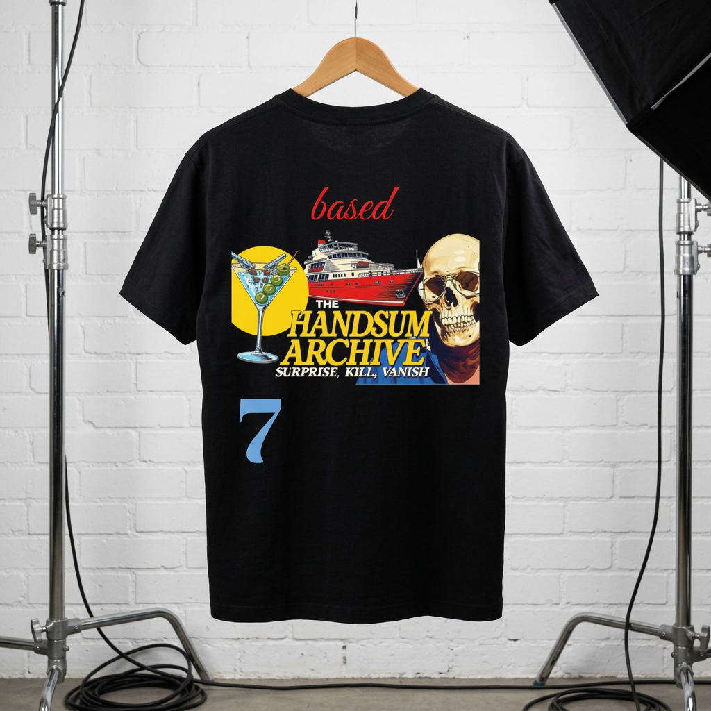 Black graphic tee with skull-yacht cocktail collage and blue '7' on back