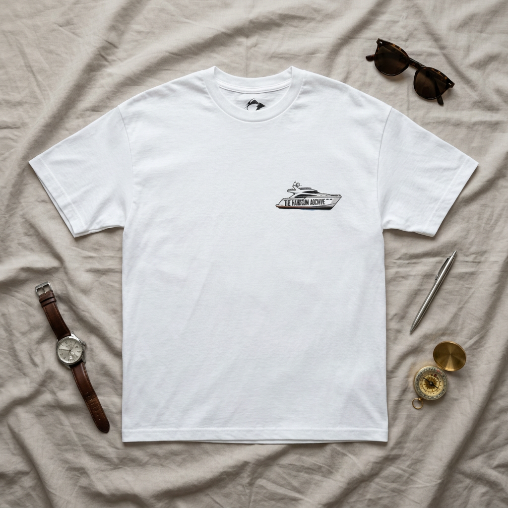 White short-sleeve tee with small centered logo graphic on chest