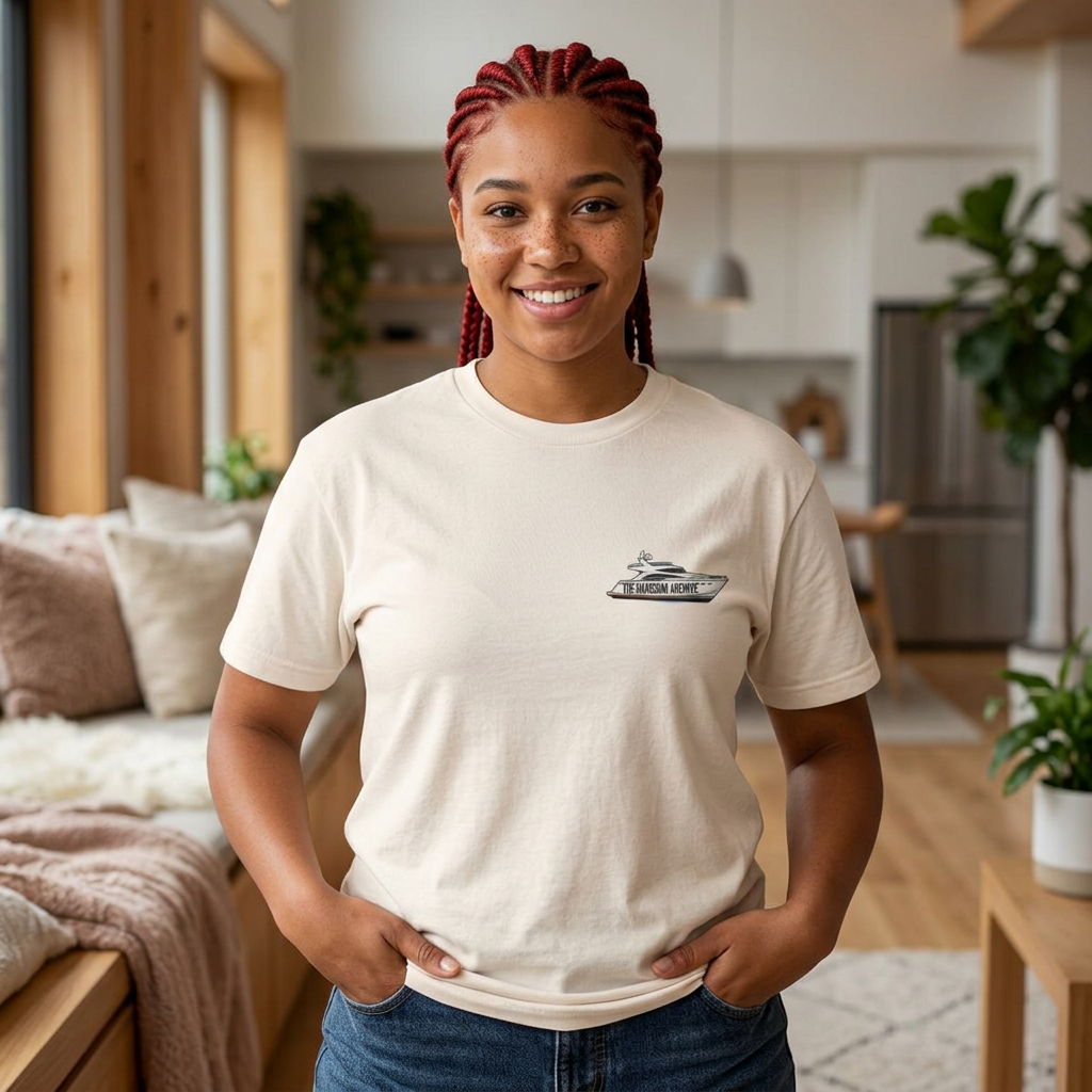 Cream short-sleeve tee with small centered logo graphic on chest