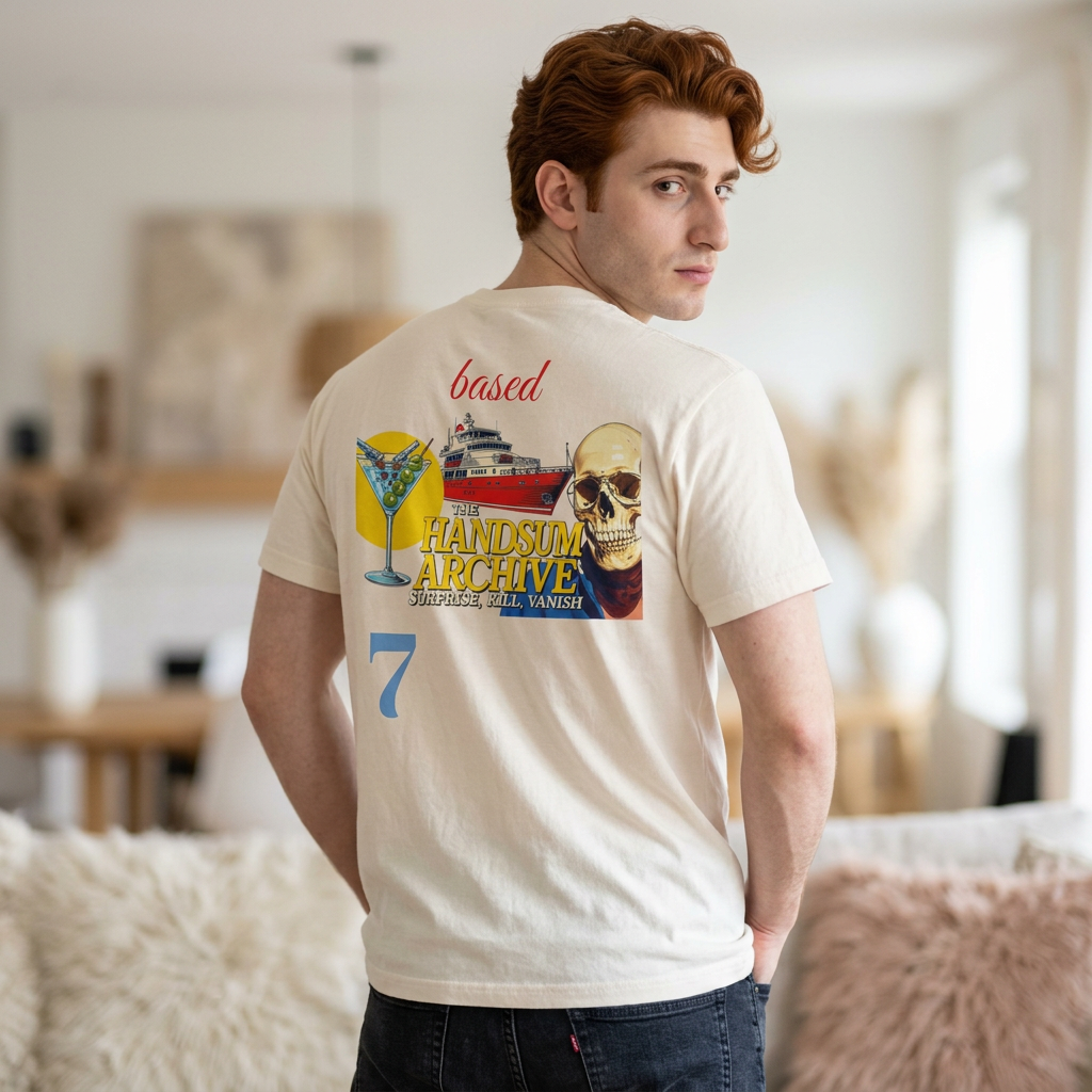 Cream graphic tee with skull-yacht cocktail collage and blue '7' on back