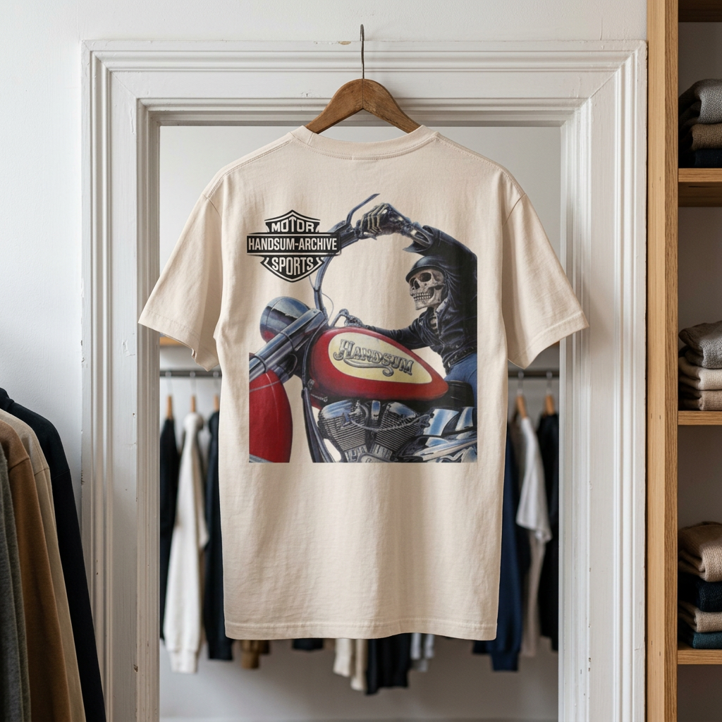 Light beige back graphic T-shirt featuring a motorcycle skull rider illustration