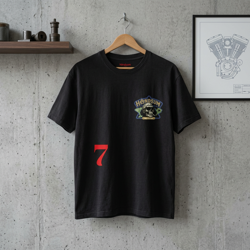 Black graphic T-shirt with motorcycle skull patch logo and red number 7 on front