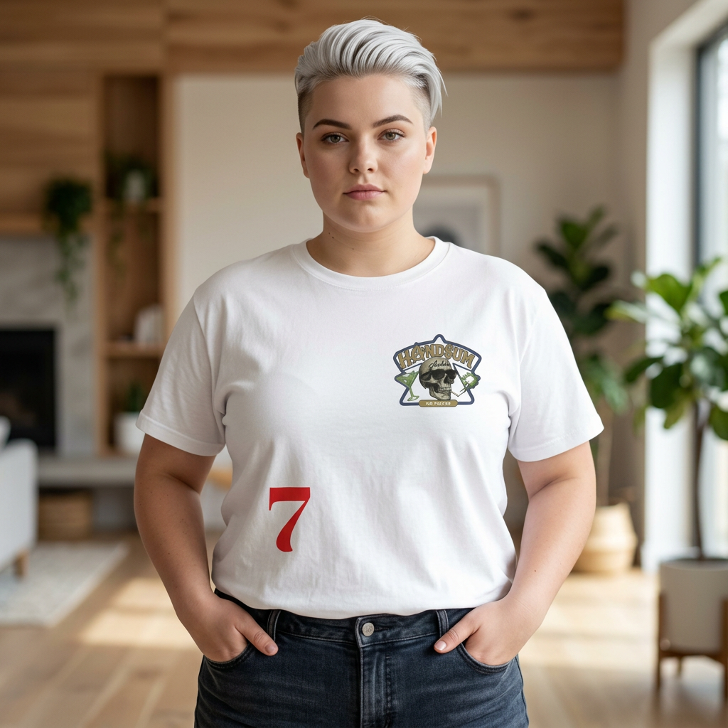 White graphic T-shirt with motorcycle skull patch logo and red number 7 on front