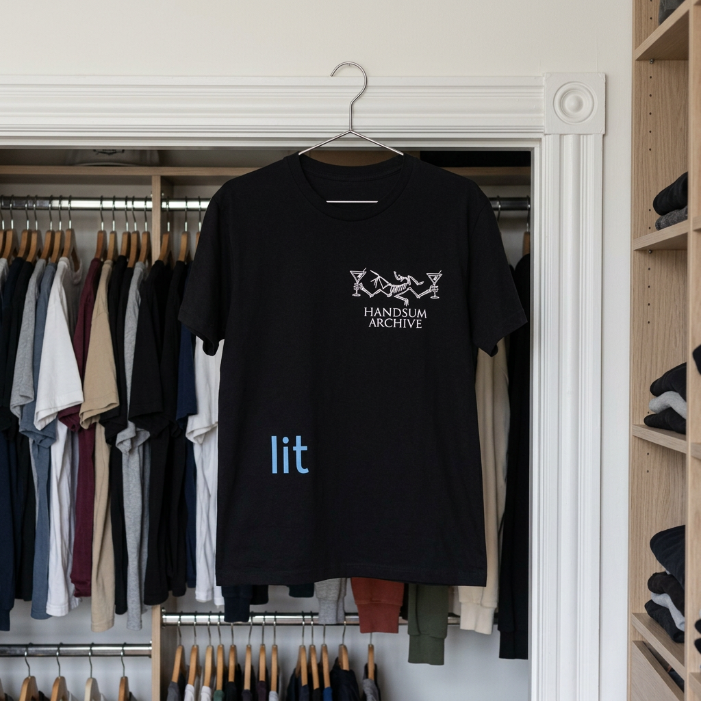 Black T-shirt with white graphic logo and blue “lit” print
