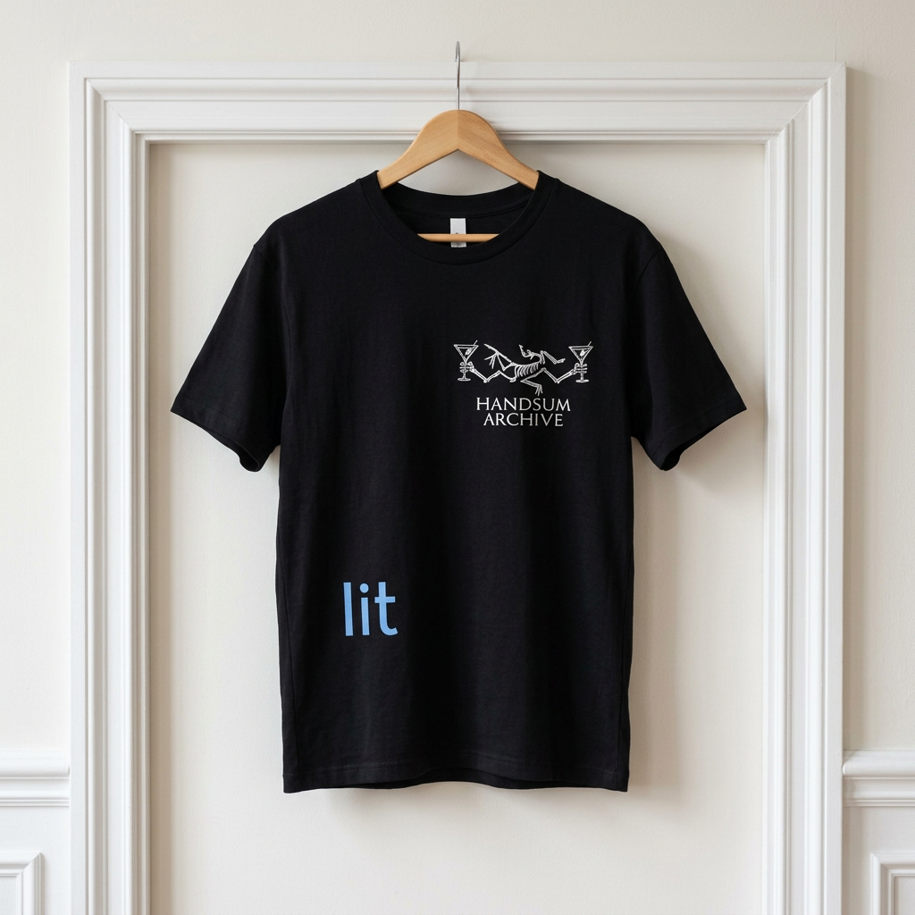 Black crewneck T-shirt with chest graphic and blue “lit” print