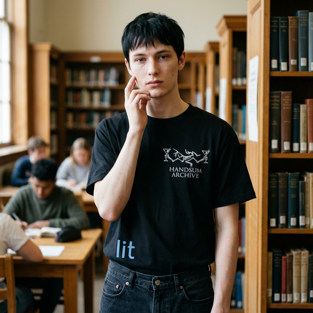Black short-sleeve T-shirt with front graphic logo and blue “lit” text