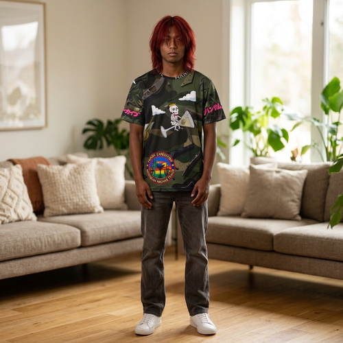Green camouflage jersey T-shirt with skull and martini graphic, short sleeves
