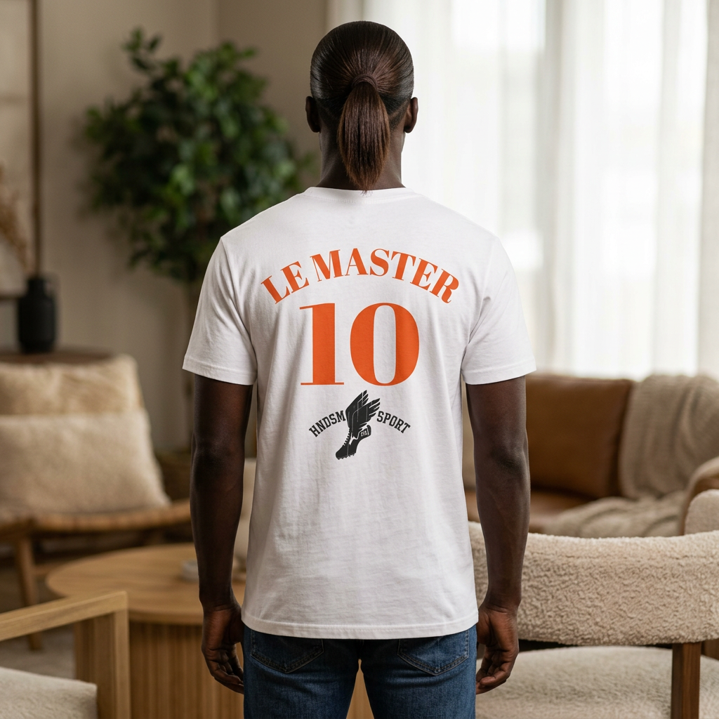 White baseball T-shirt back view with LE MASTER 10 text and large number print