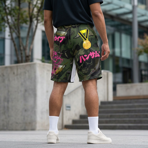 Men’s sports shorts, green camo pattern with neon skull artwork and medal graphic.
