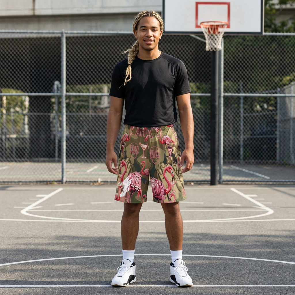 Wartime Handsum sport shorts in camo olive with neon flamingo and skull AOP