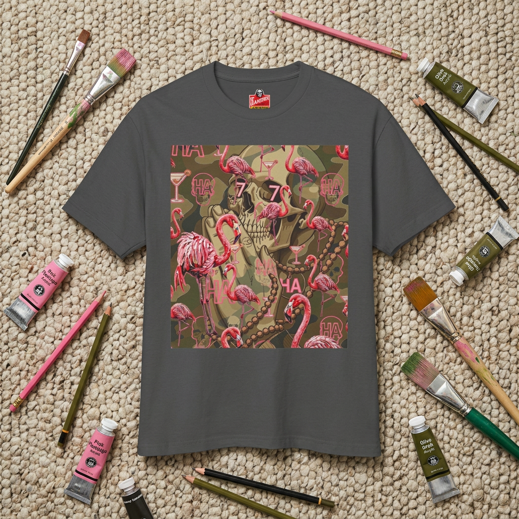 Charcoal black T-shirt with flamingo skull pattern graphic in a rectangular panel
