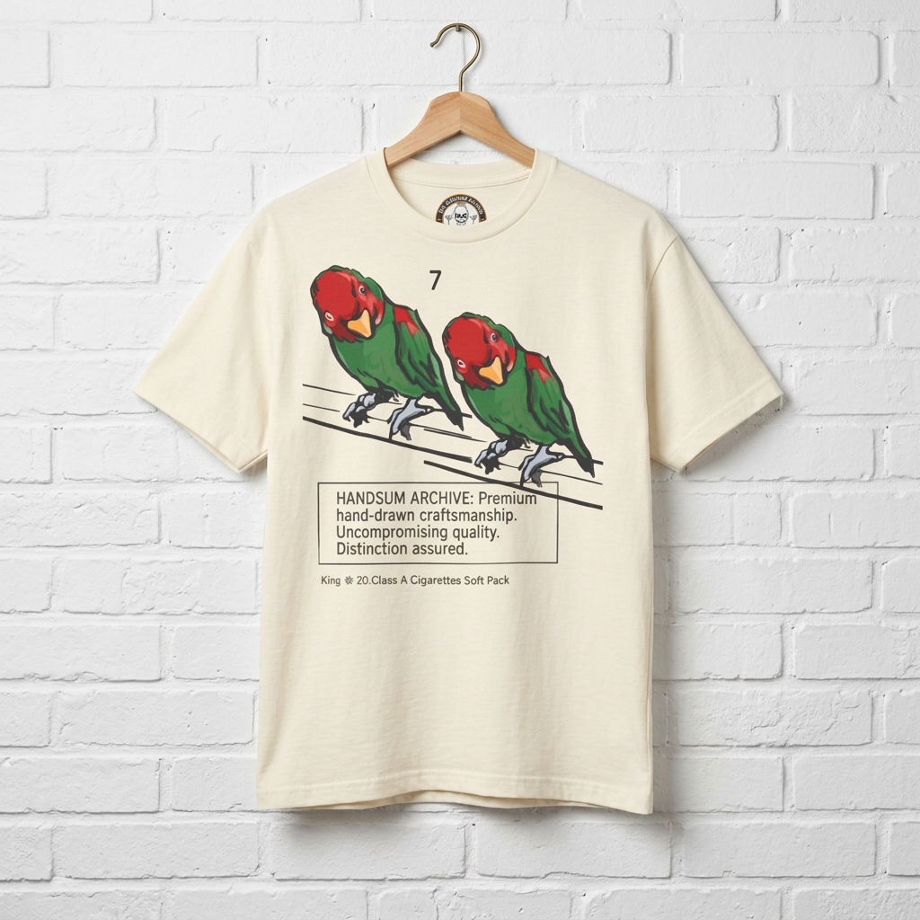 Cotton graphic tee, faded cream front print of two red and green parrots
