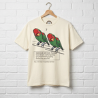 Cotton graphic tee, faded cream front print of two red and green parrots