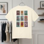 Cotton graphic tee, faded cream back print with pop-art lottery icons grid