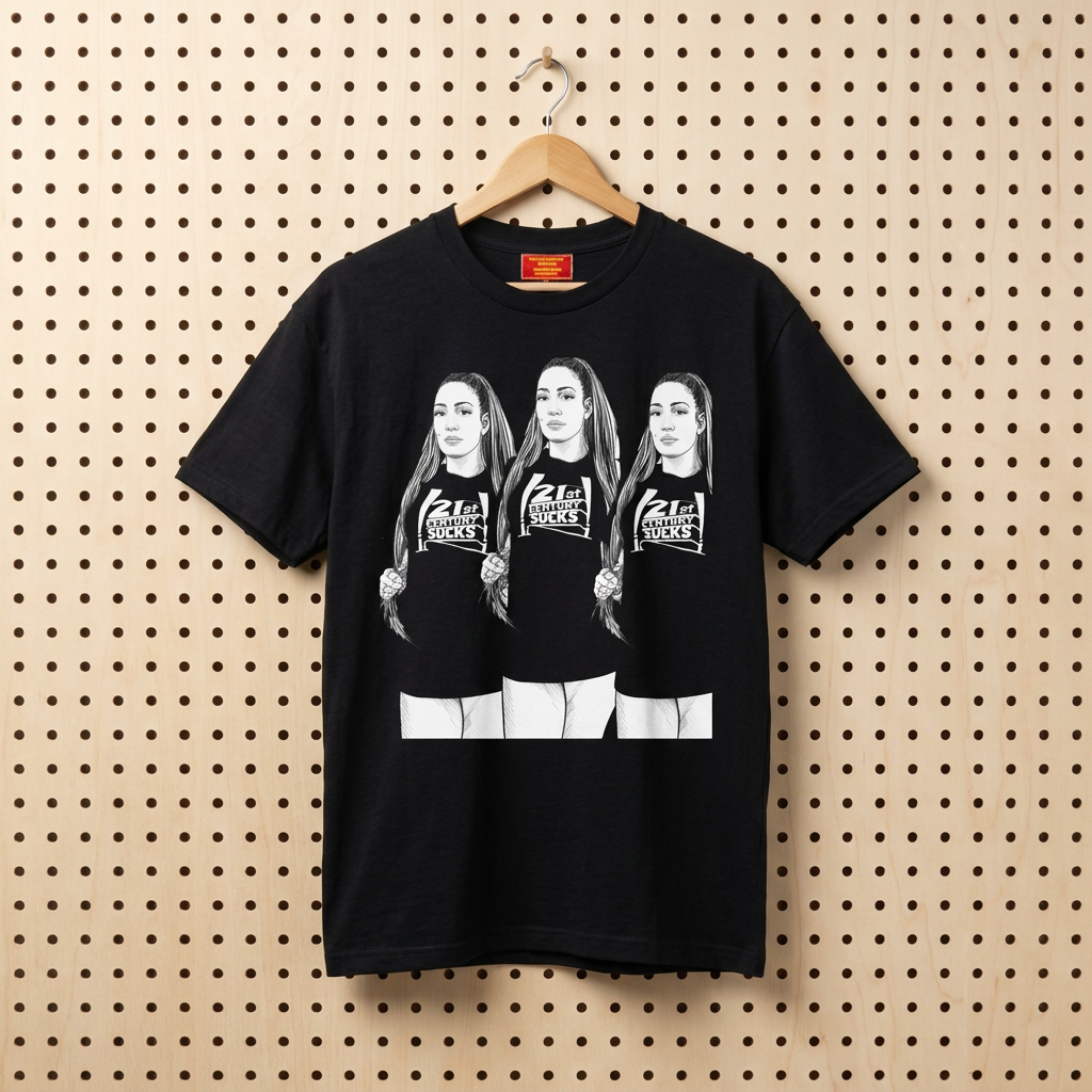 Black T-shirt with front graphic of three women in black tops and white pants.