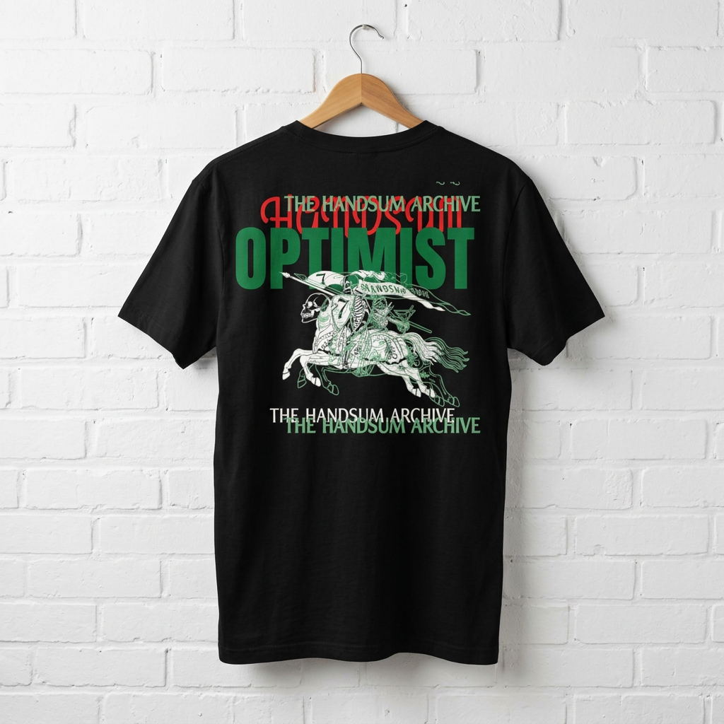 Black T-shirt with back print: OPTIMIST text and green horse illustration.