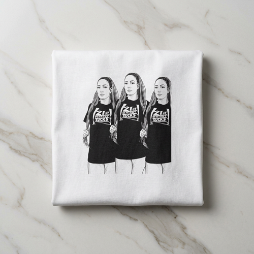 White T-shirt folded with front graphic of three women in black tops and white pants.