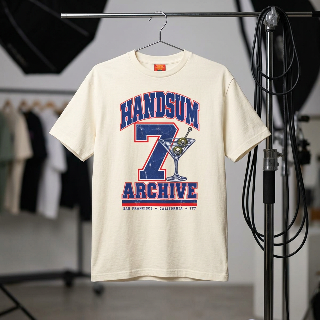 Faded cream graphic T-shirt with 'Handsum Archive' number 7 front print
