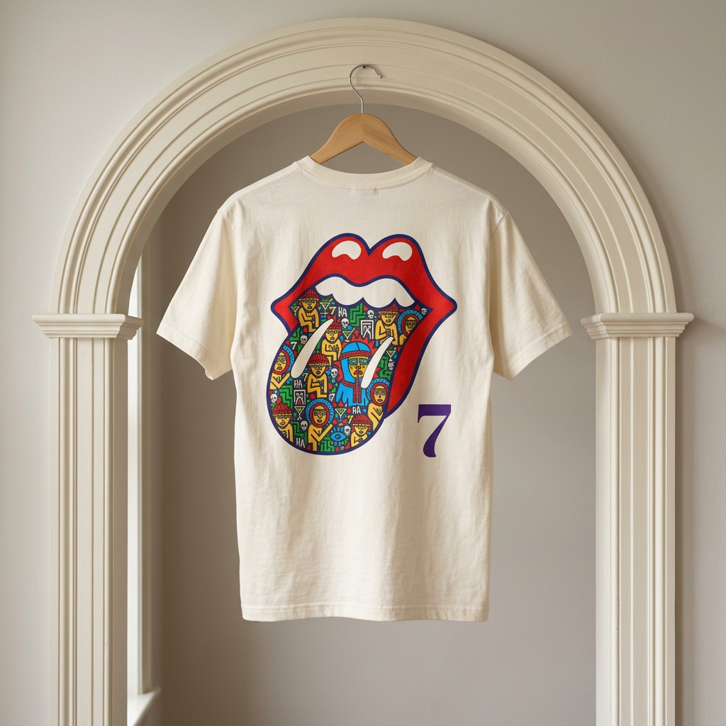 Faded cream graphic T-shirt with colorful lips crest and purple '7' back print