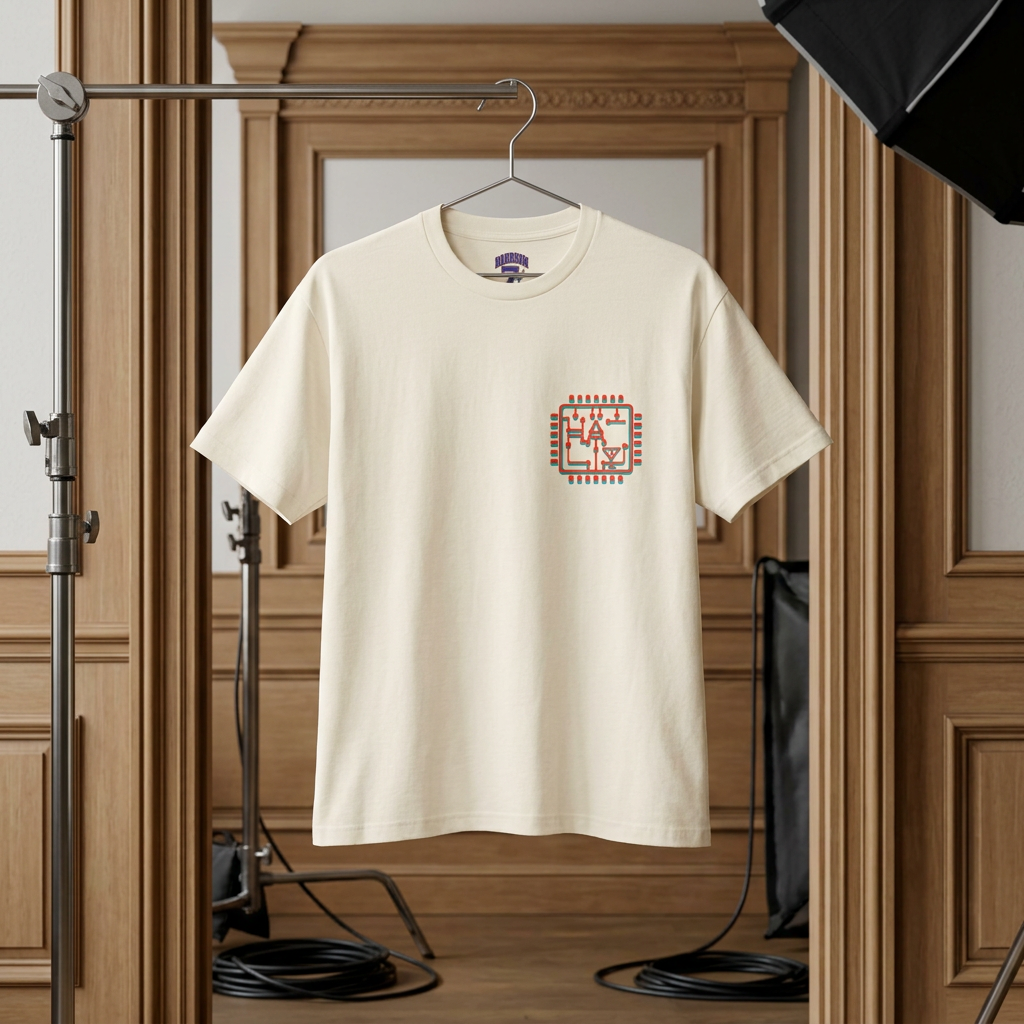 Cream graphic tee with small retro square logo on the chest