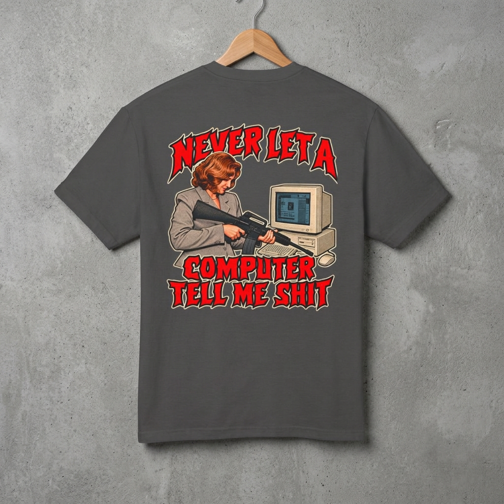 Dark gray graphic tee with large back graphic text and computer illustration