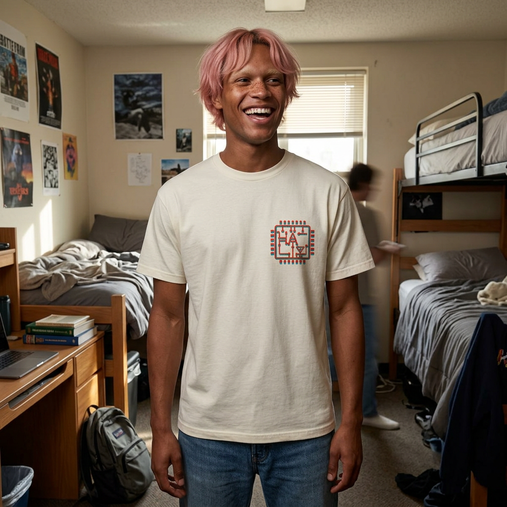 Cream graphic tee with small retro square logo on the chest, worn by model