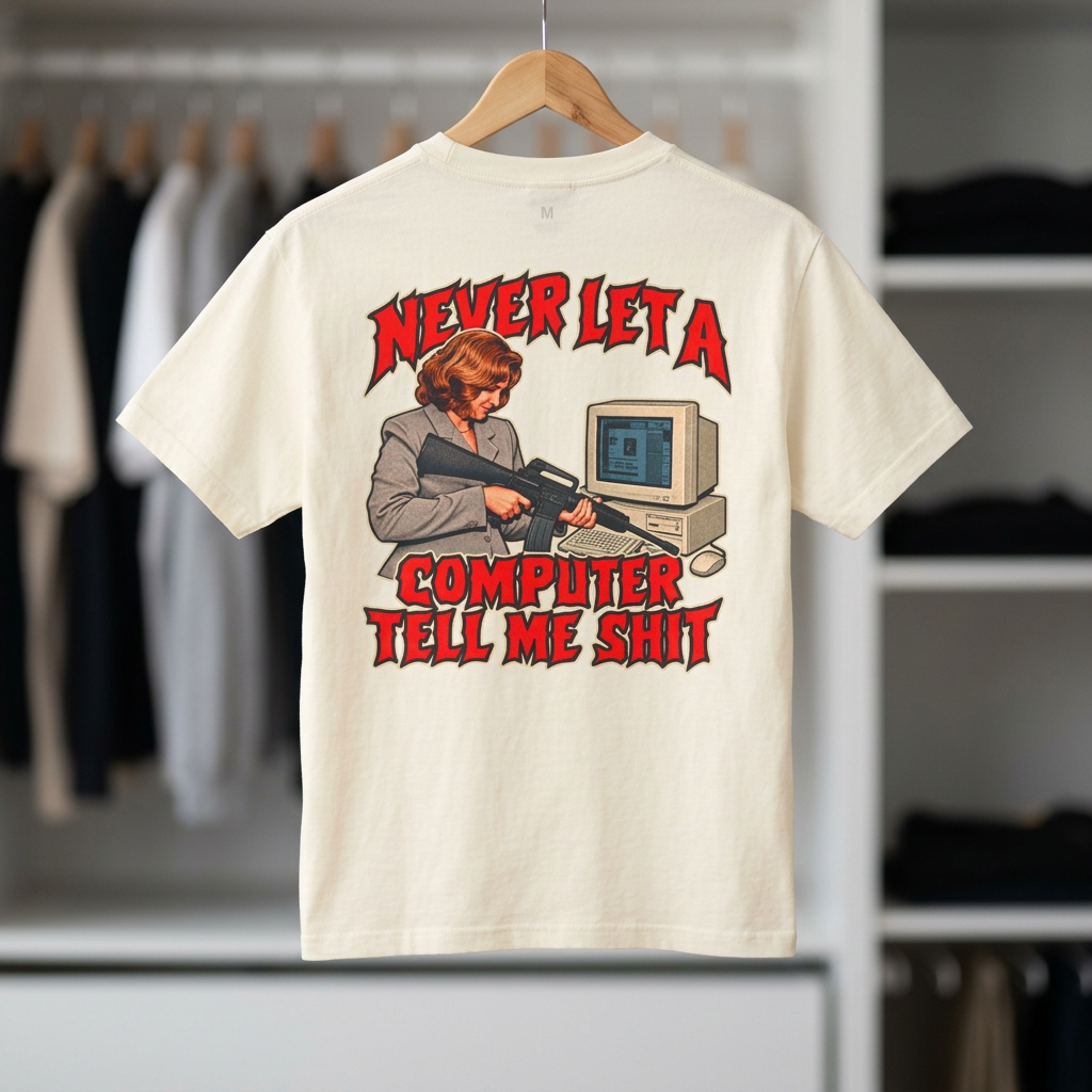Cream graphic tee with large back graphic text and computer illustration