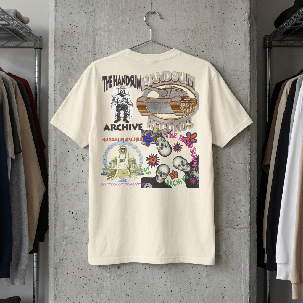 Cream short-sleeve tee with back print text and illustrated archive graphic