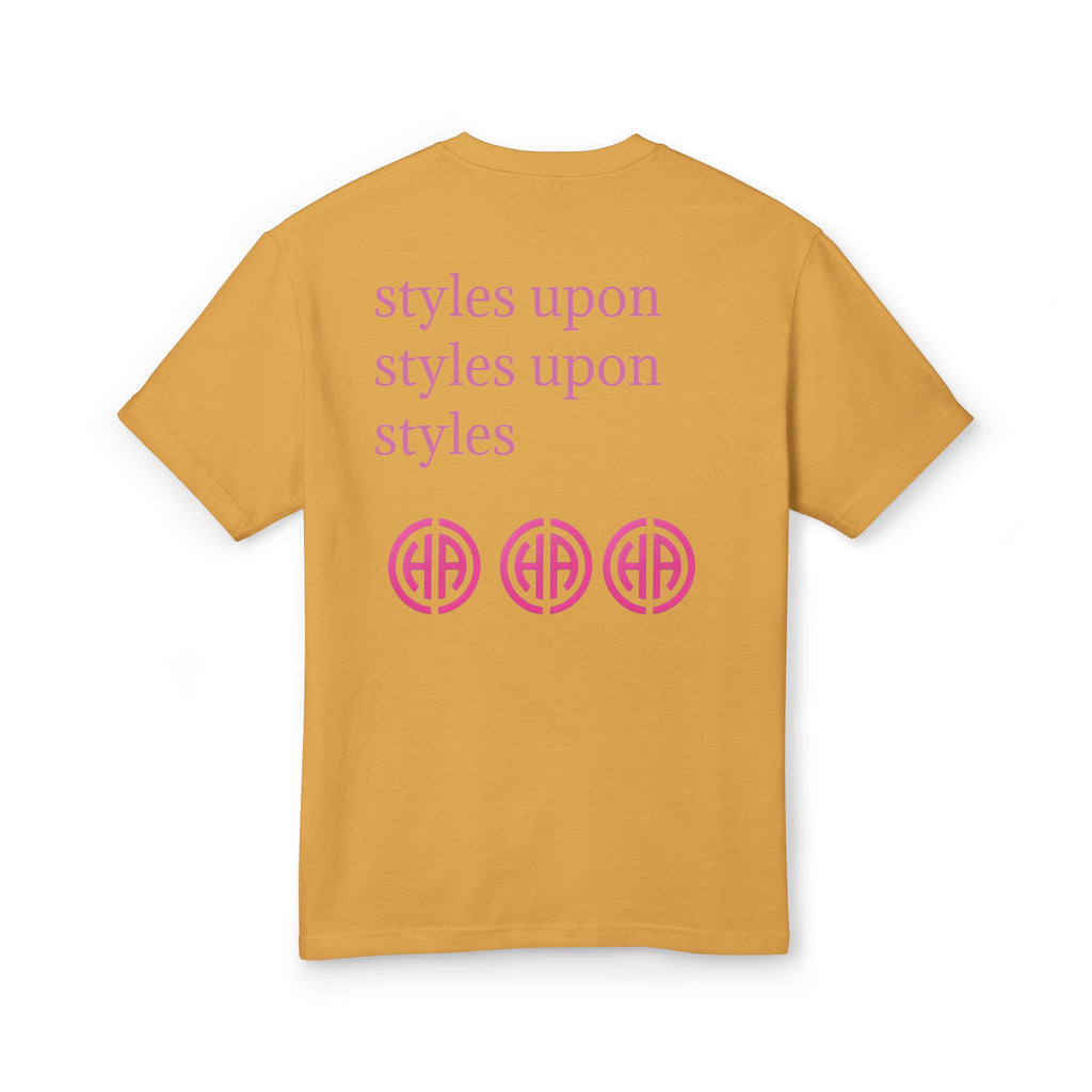 Marauders graphic tee in faded brown with pink back text "styles upon" and circular emblems