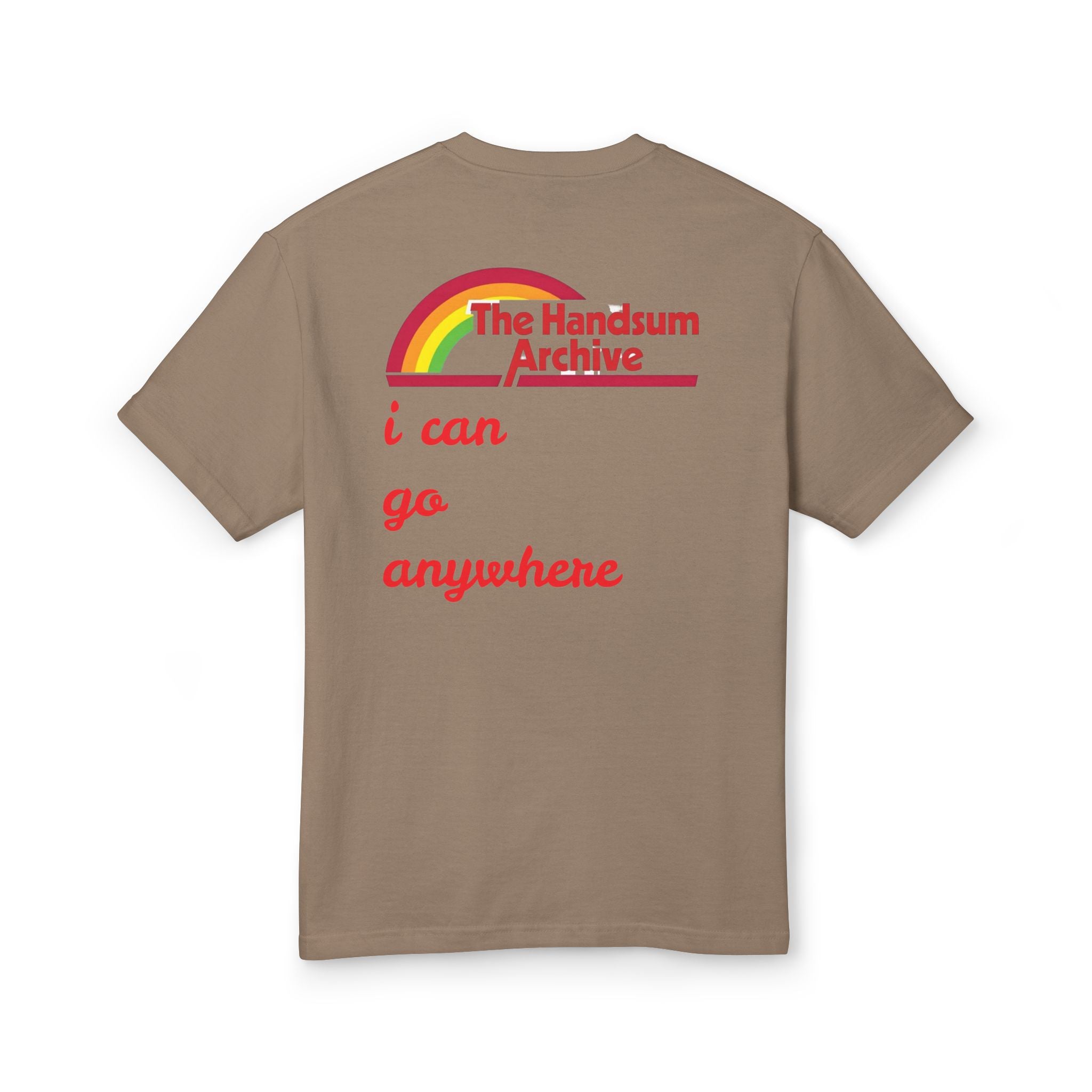Brown T-shirt, back view, with rainbow Handsum Archive logo and 'i can go anywhere' text