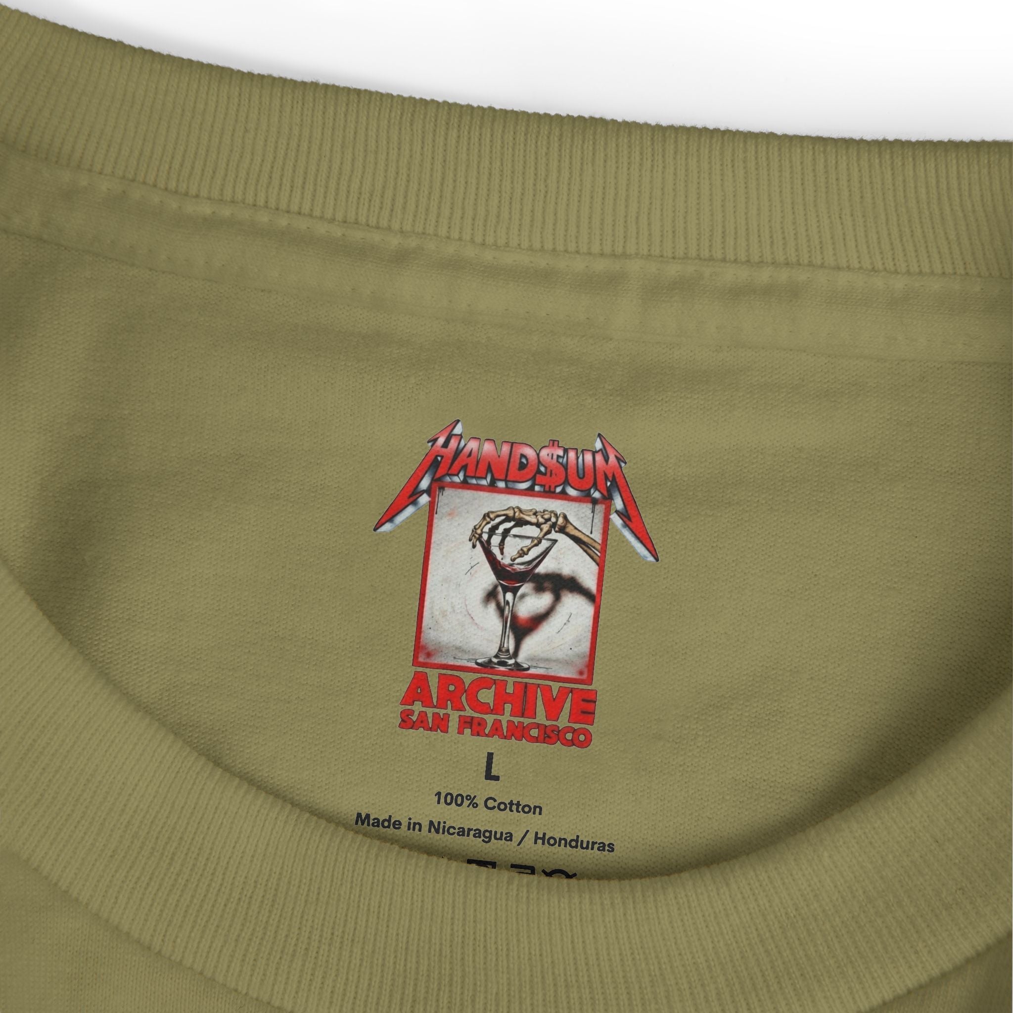 Olive crewneck tee close-up of neck label and Handsum Archive graphic