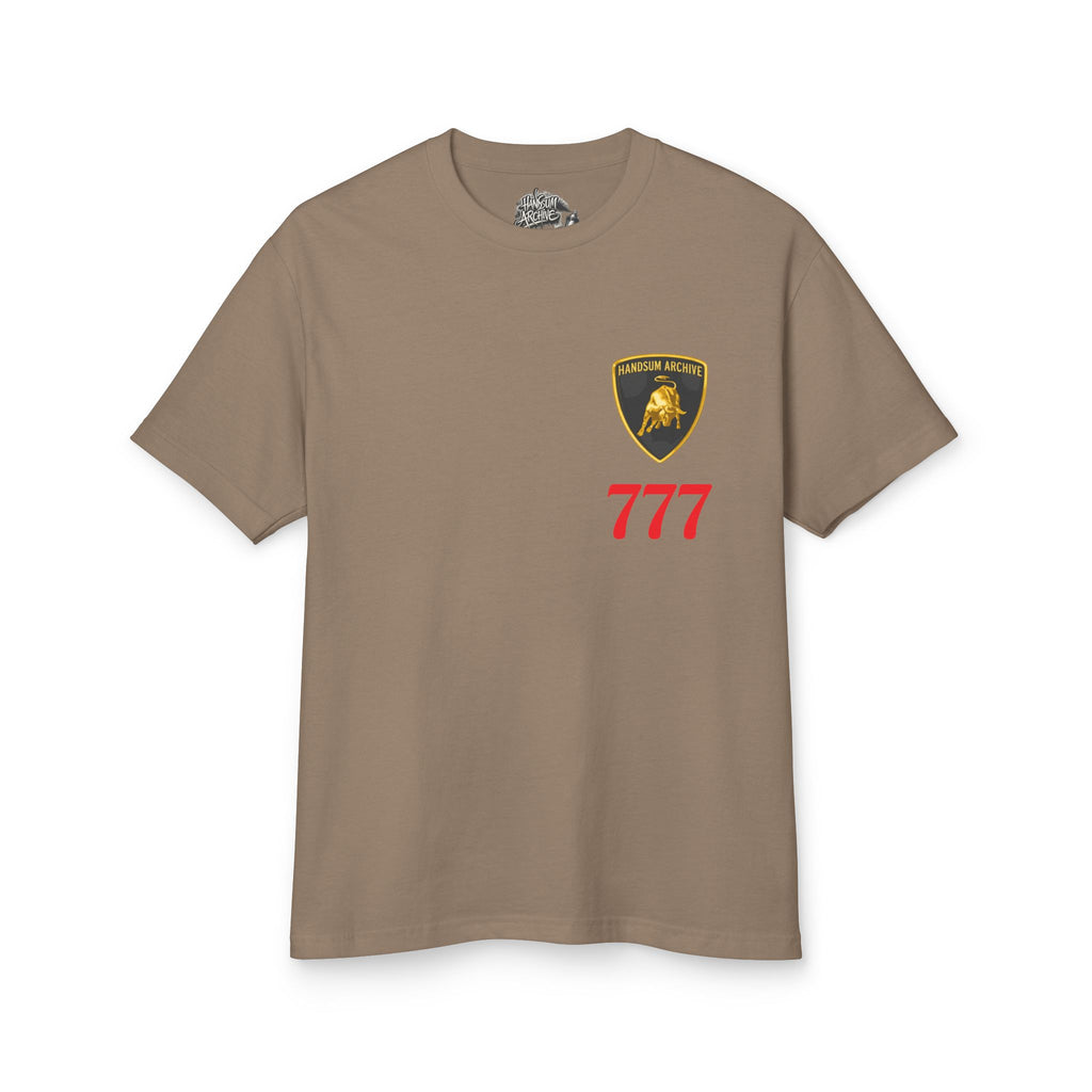Brown crewneck T-shirt with shield logo and red 777 on front