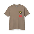 Brown crewneck T-shirt with shield logo and red 777 on front