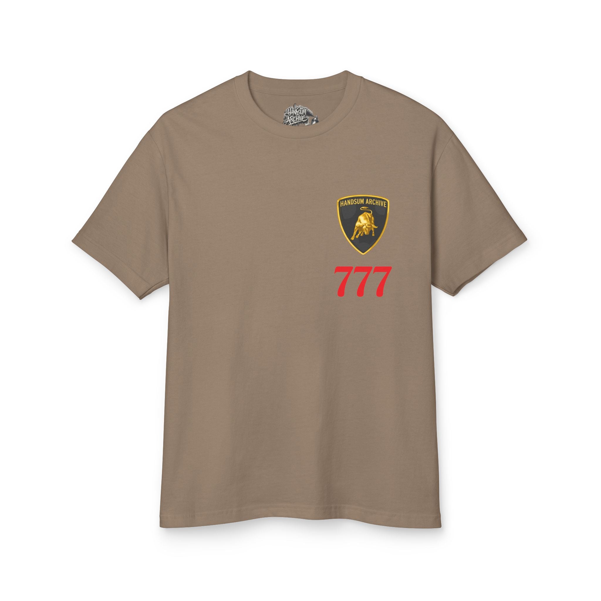 Brown crewneck T-shirt with shield logo and red 777 on front