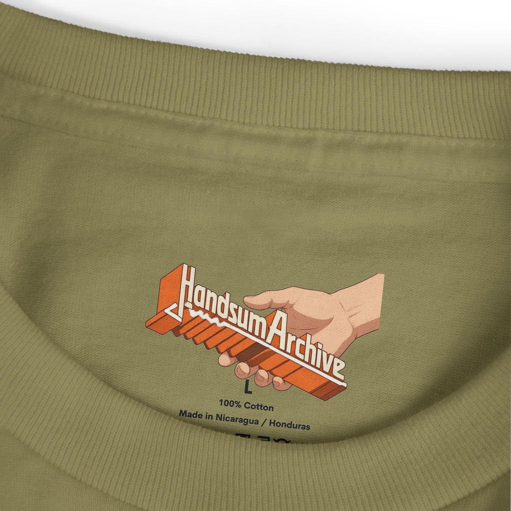 Olive t-shirt collar with small 'Handsum Archive' logo and '100% Cotton' text