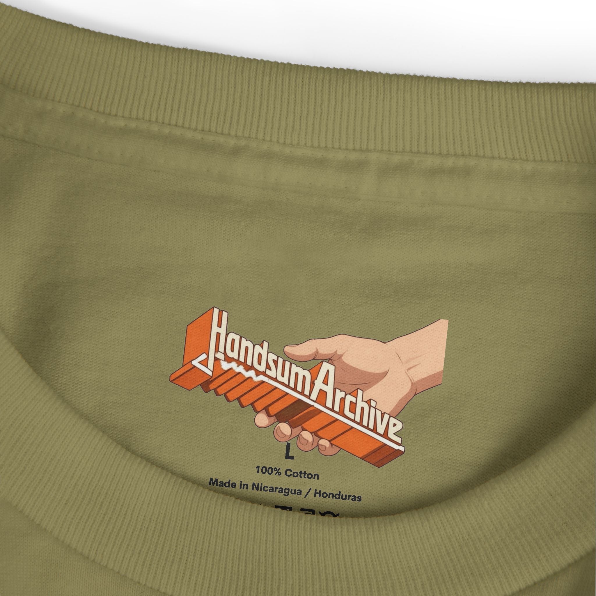 Olive t-shirt collar with small 'Handsum Archive' logo and '100% Cotton' text