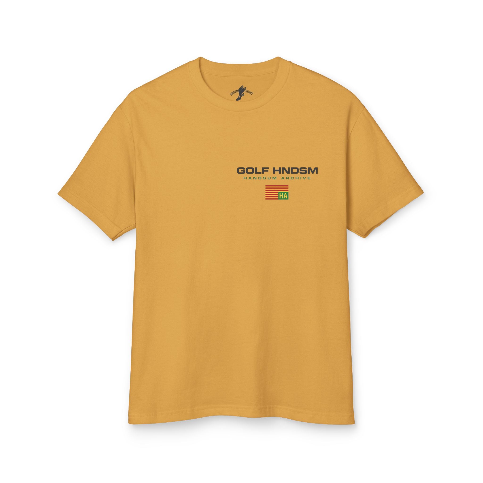 Daily tee, mustard, front chest logo and small HA mark.